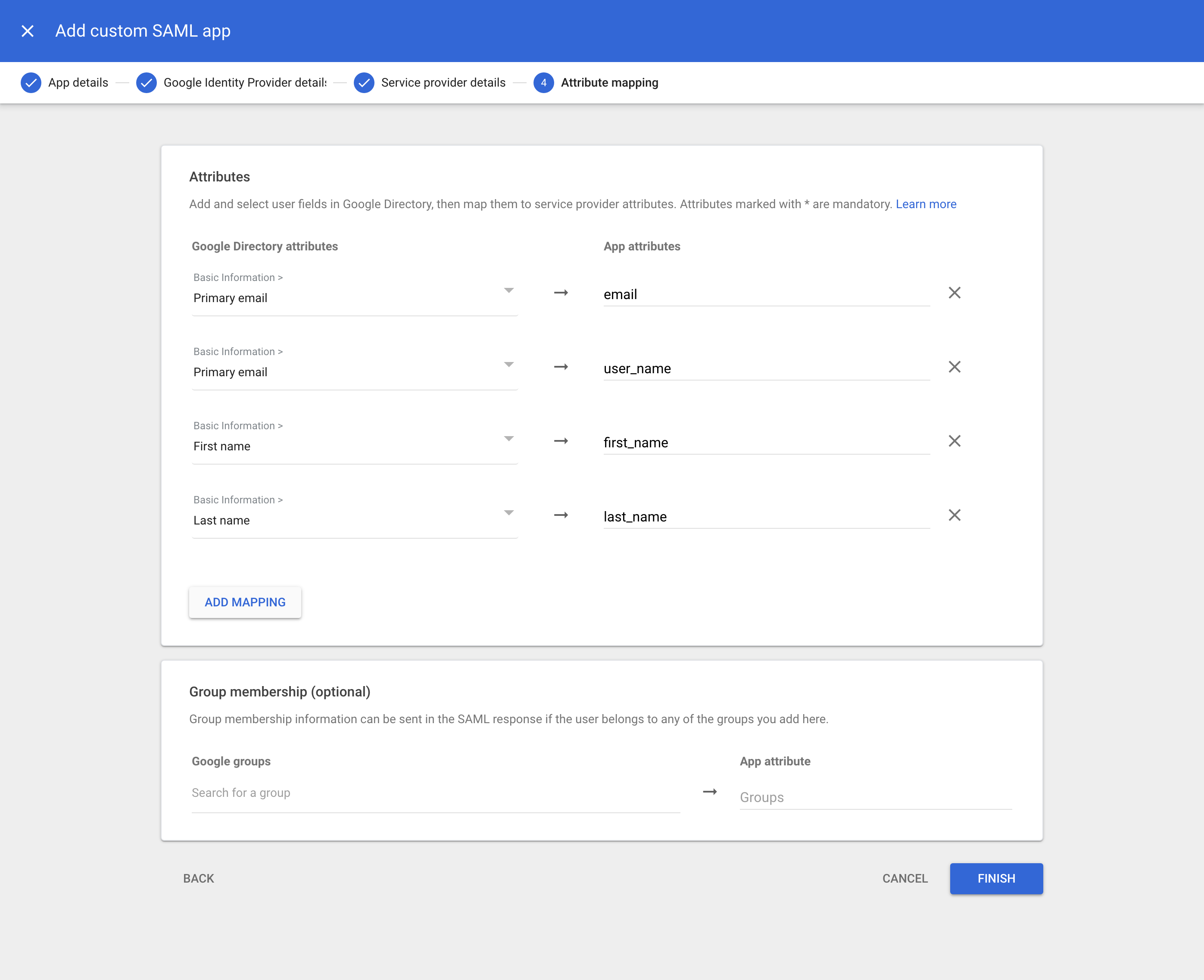 Google Workspace: Web and mobile apps admin console, Add custom SAML, Attribute mapping